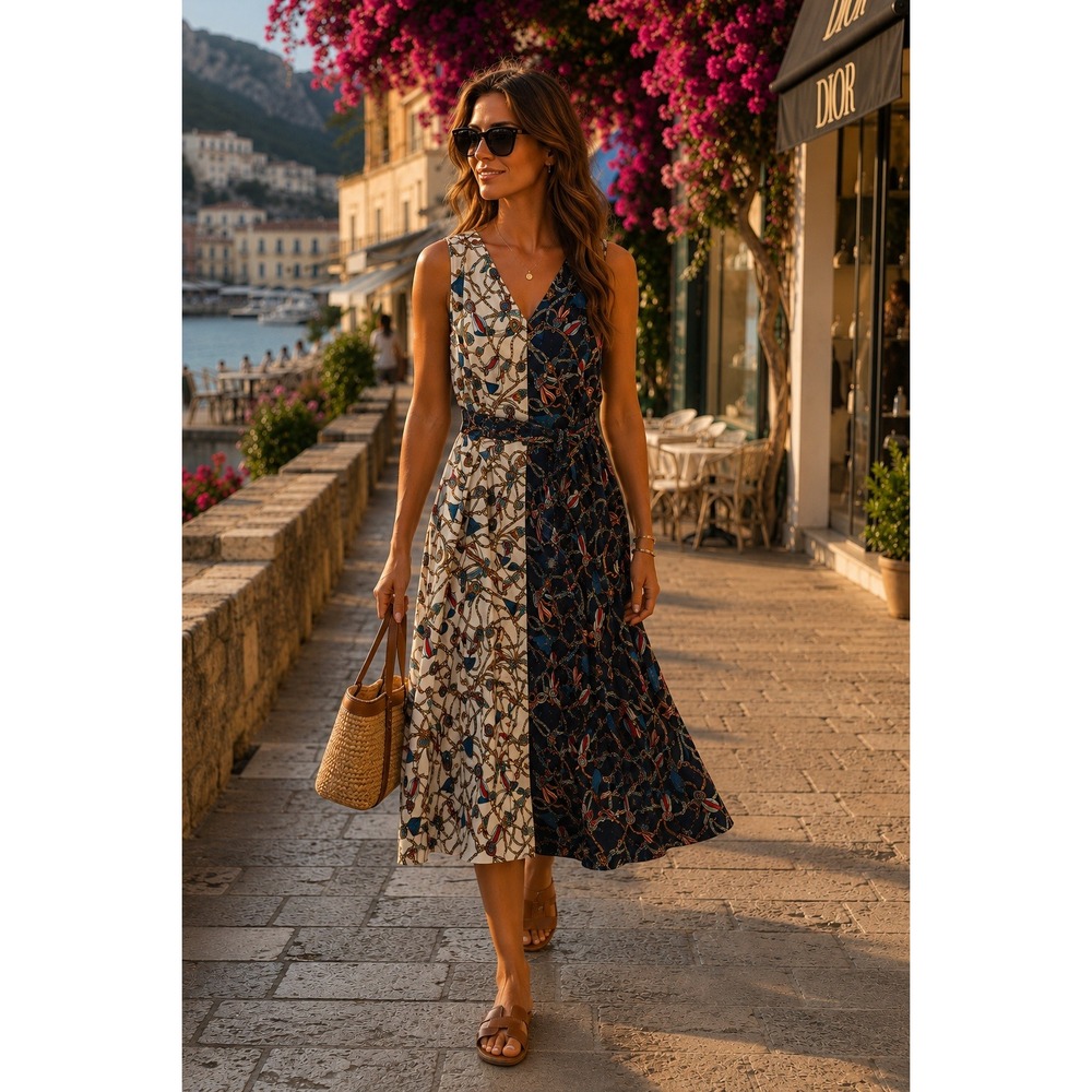 Mango Suit Scarf Print Chain Link V-Neck Midi Dress‎ Navy Cream US 8 EUR L
